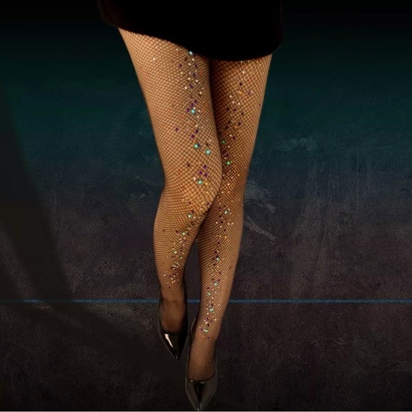 𝅺FISHNET STOCKINGS W/COLORFUL RHINESTONES STARS BEADS FLORAL EMBELLISHMENTS - Picture 5 of 5